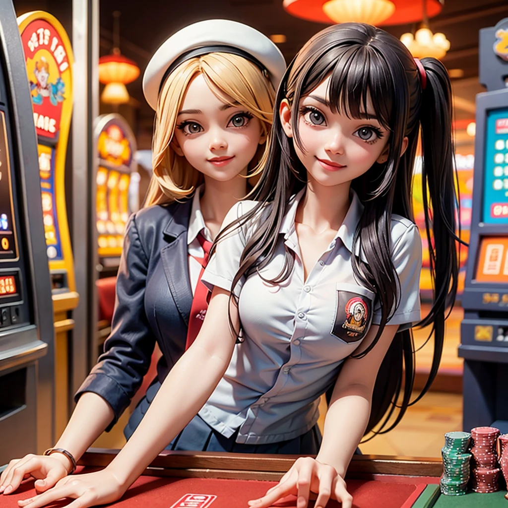 happy and smile, {{indonesian girl}}, {wearing high school uniform}, teasing and waiting customer play, standing, playing in casino, red casino background, polite and kind, Sweet Face, roulette table, poker table, big slot machines right and left, win jackpot,