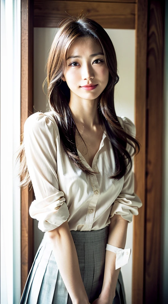 Japan pretty women、1 persons,Super clean and slender、Excellent style 、An ultra-high picture quality、extremely delicate face, Skin and hair、top ponytail hair、Trailing hair,light brown hair、blouse and pleated skirt、Hide your chest with your arms、Asakusa、8k picture、A very cute Japan detached face、A slender、middlebreasts、Eyes and nose stand out clearly、Gentle eyes、A smile