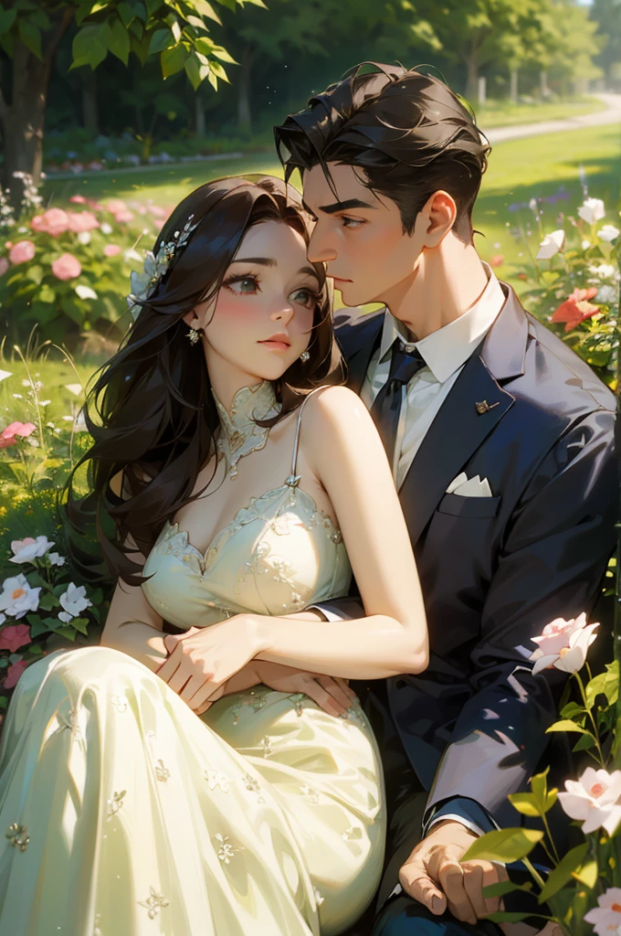 A beautiful and gentle lady and a suave and handsome man,Two people leaning together,Sweet atmosphere,Two people sitting in the flowers,Perfect face