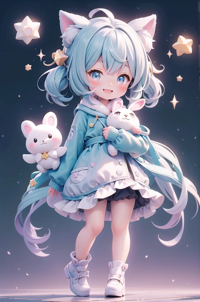 (masterpiece、Highest quality、Dynamic composition,pastel colour),  One girl,  ,  Particles of light、smile、star、流star群、holding a stuffed rabbit、kawaii tech,Gradient Hair Color、