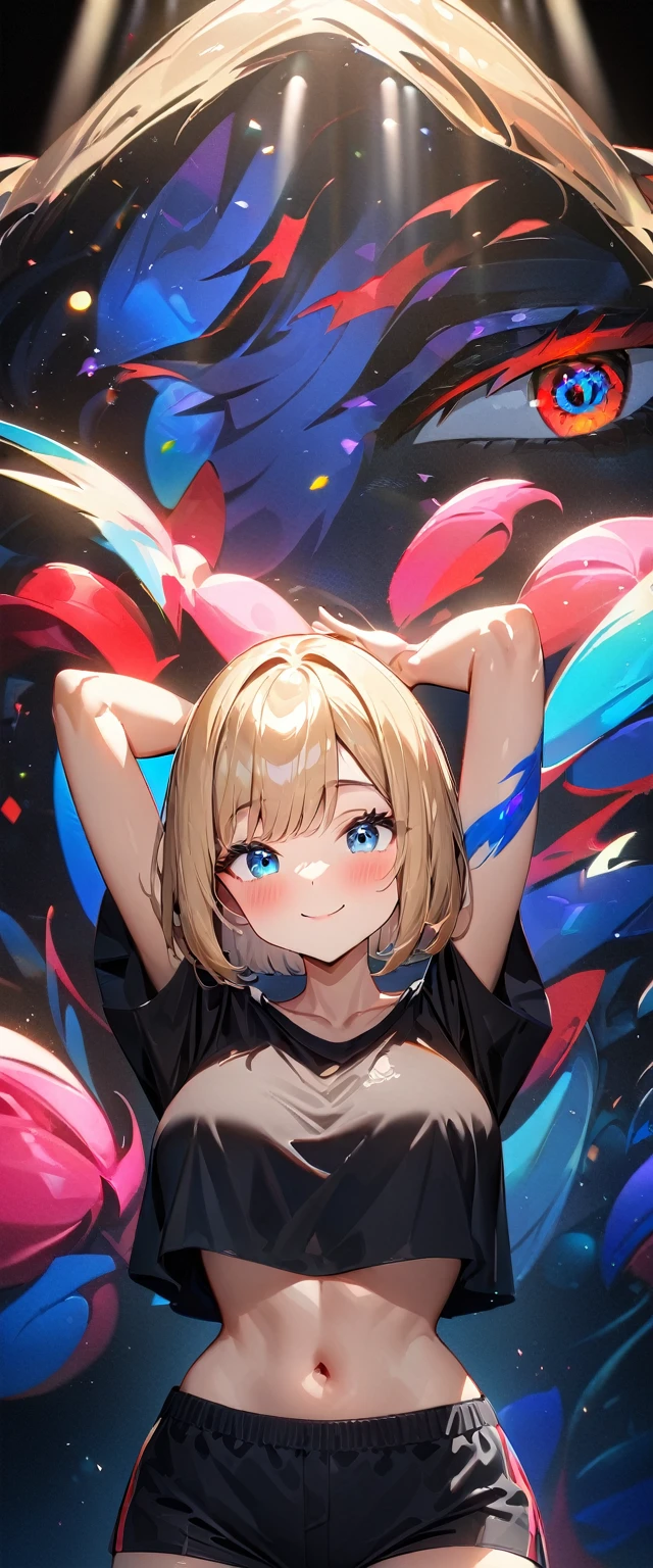 (((One girl))), blond hair, bob cut, big breasts, from front, (cowboy shot), (looking at viewer), ((black shorts)), ((black crop top overhang)), face in focus, ager, head tilt:1.3, (((blue eye))), ((happy smile)), ((blush)), arched back, ((arms up)), anime style, (best quality, 4k, 8k, highres, masterpiece:1.2, ultra-detailed, ultra-detailed eyes, HDR, UHD, studio lighting, ultra-fine painting, sharp focus, physically-based rendering, extreme detail description, professional, vivid colors, bokeh)