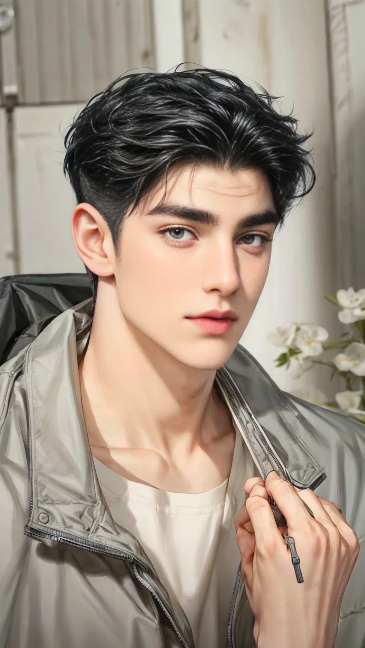 masterpiece, 1boy, adult, handsome, black hair, undercut hair, perfect face, detailed eyes and face, black eyes, clean shaved, muscular, capturing a rural atmosphere, dynamic lighting, unreal engine 5, jacket