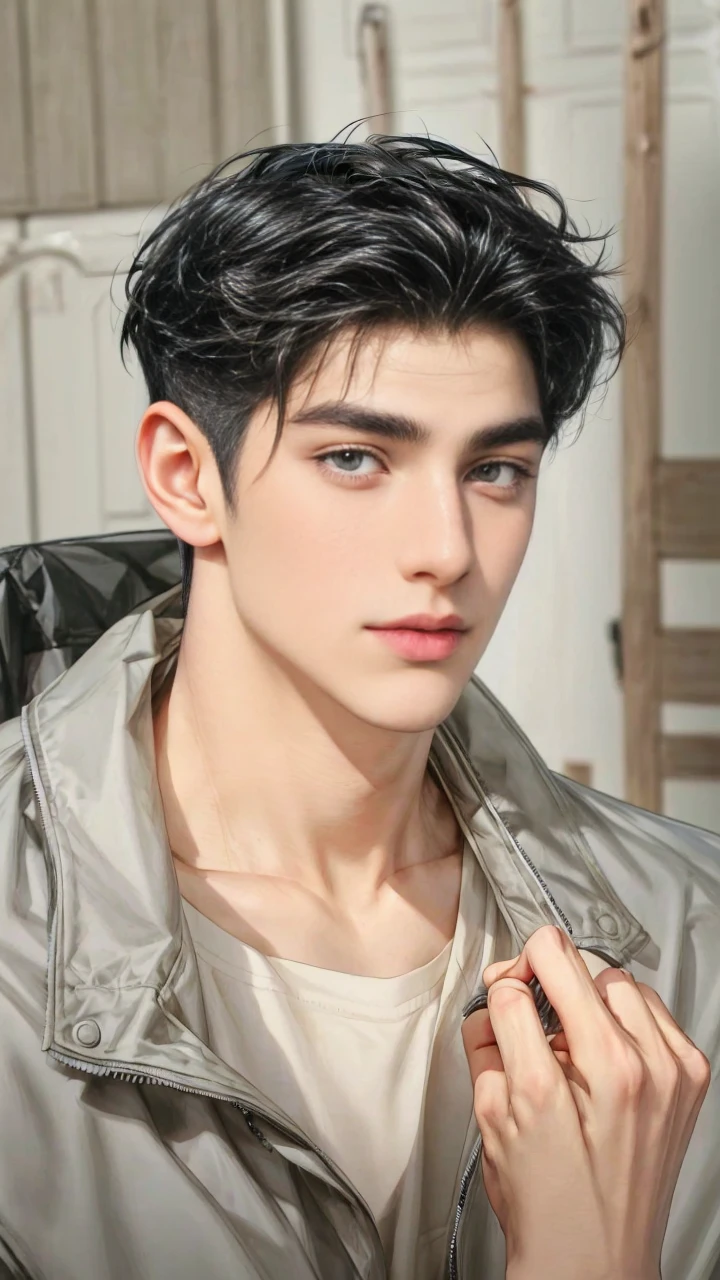 masterpiece, 1boy, adult, handsome, black hair, undercut hair, perfect face, detailed eyes and face, black eyes, clean shaved, muscular, capturing a rural atmosphere, dynamic lighting, unreal engine 5, jacket