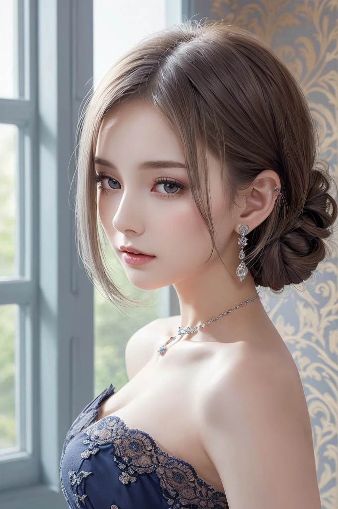darkblue lace thong&Good, (((Very elegant and beautiful, Perfect detail, Super detailed))), whole body, The most detailed girl, Depth of written boundary, 美しく詳細なwhole body, Thin legs, 1 girl, 30 years old, Very short hair, Spiked Hair, Gray and silver hair, Beautiful detailed hair, Perfect Face, Expressionless, Beautifully detailed deep eyes, Open your mouth a little, Delicate arms and hands, Pale skin, Earrings, Beautiful and gorgeous necklace, Colorful background, HD background, Blurred Background, Very delicate and beautiful, Masterpiece, (((Highest quality, Very beautiful 8K CG wallpaper))), (((Trendy hairstyles))), (Inside the room,Stylish interior,window),
