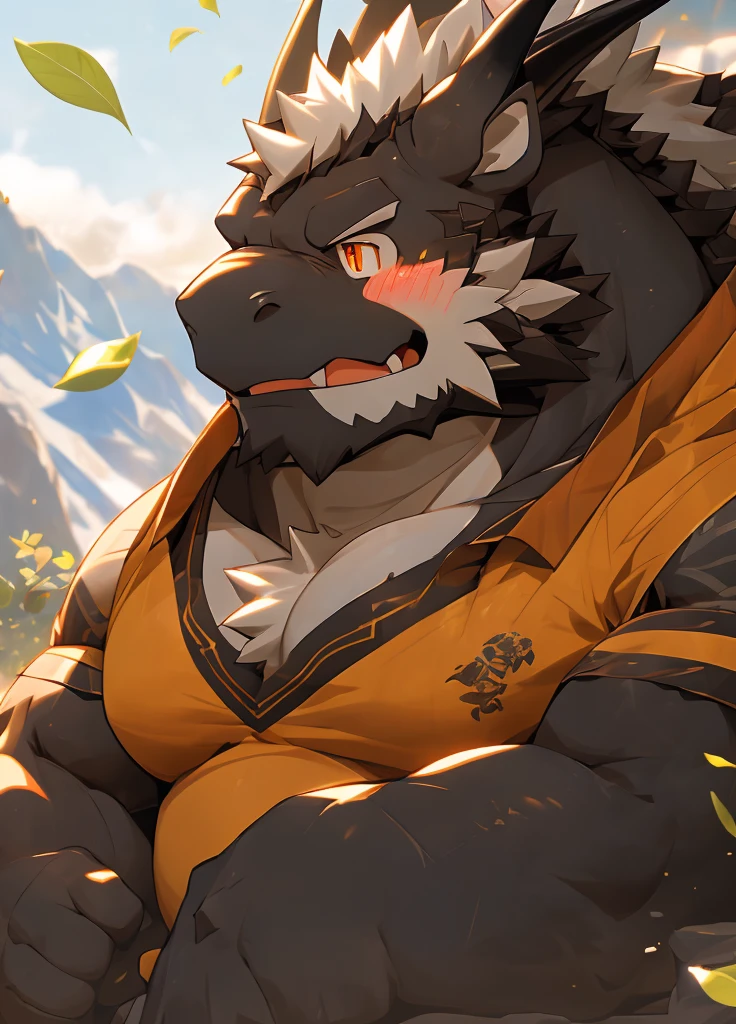 (masterpiece)，(Very detailed)，(best quality)，hairy，Adult Black Dragon，Black fur，Chubby body，Orange pupils，Snowy mountains，(Strong body)，(Wear a fig leaf)，(whole body)，(blush:1.1)，((Expression))，(high quality)，(Ultra HD)，(Extremely detailed)