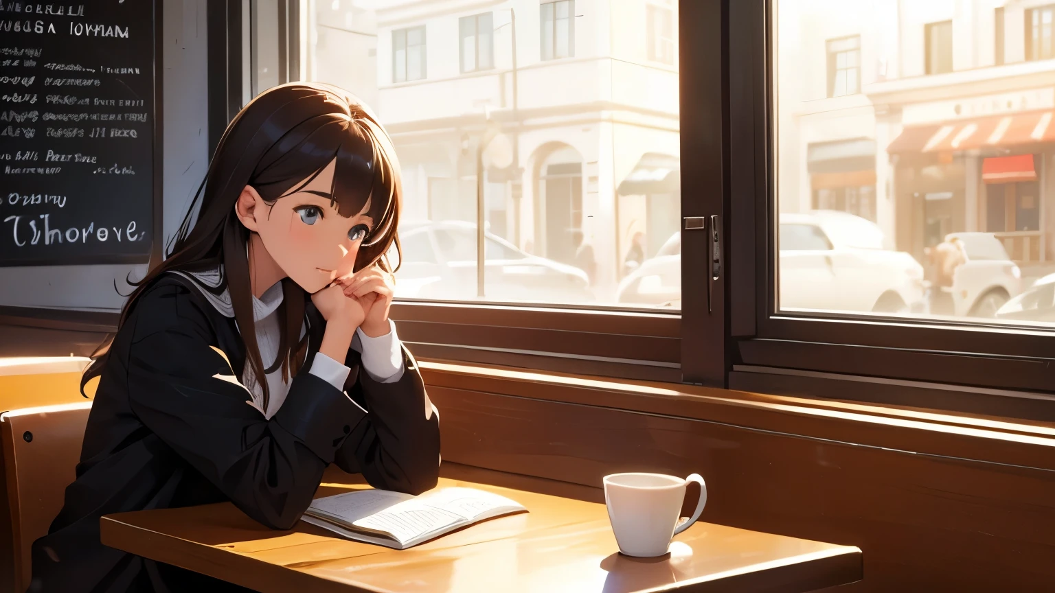 Girl studying in a cafe in the morning