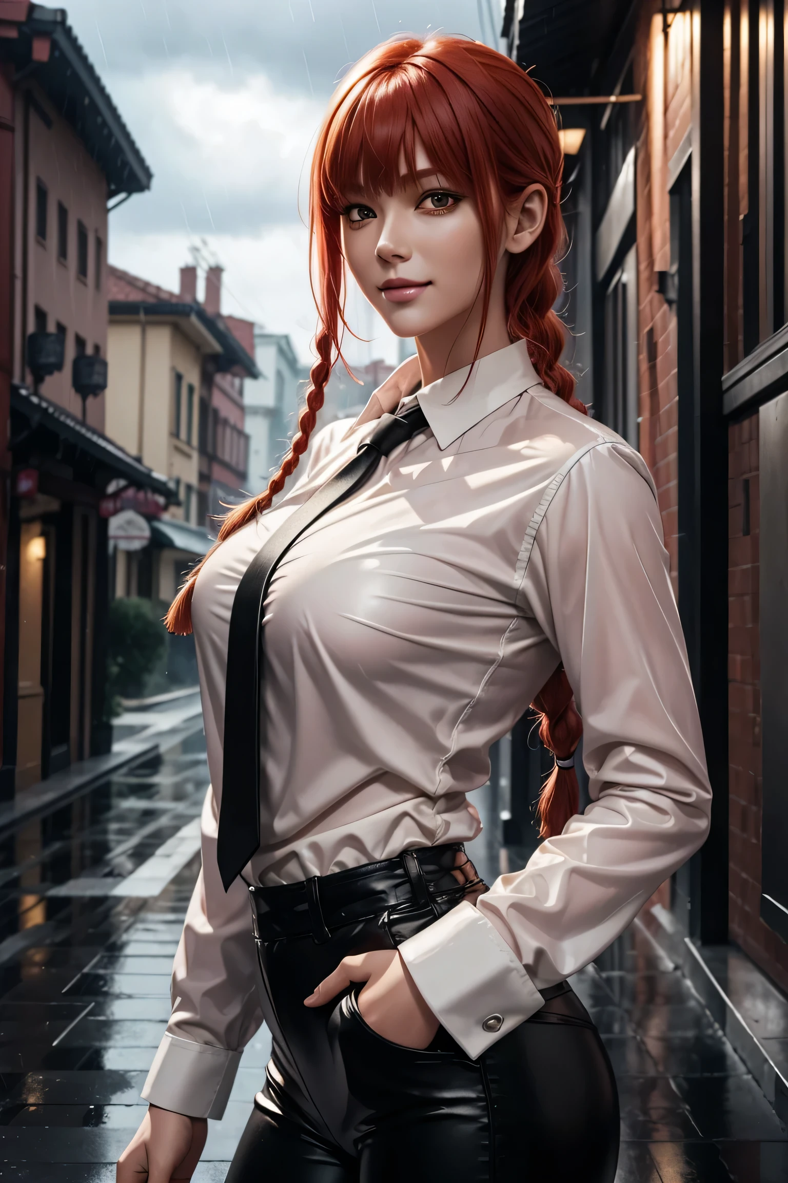 Chainsaw Man,Makima,With bangs,Red Hair,Braids at the back,Golden Eyes,White long sleeve shirt,Black tie,Black Leather Pants,Ultra HD,super high quality,masterpiece,Digital SLR,Photorealistic,Detailed details,Vivid details,Depicted in detail,A detailed face,Detailed details,Super Detail,Realistic skin texture,Anatomical basis,Perfect Anatomy,Anatomically correct hand,Anatomically correct fingers,Complex 3D rendering,Sexy pose,Rainy Sky,Beautiful scenery,Fantastic rainy sky,Picturesque,Pink Lips,smile,