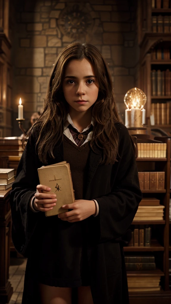 Create an image of Hermione Granger from the Harry Potter series.
Description:
A young girl with bushy brown hair.
Wearing a with a black robe.
Holding a book or a wand.
Background: A magical setting, such as a castle or library.