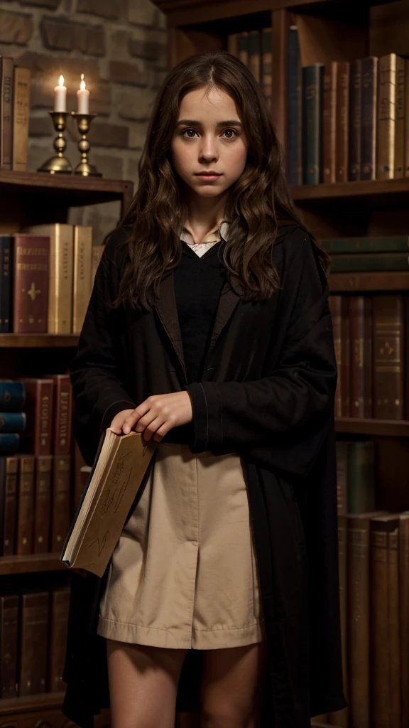 Create an image of Hermione Granger from the Harry Potter series.
Description:
A young girl with bushy brown hair.
Wearing a with a black robe.
Holding a book or a wand.
Background: A magical setting, such as a castle or library.