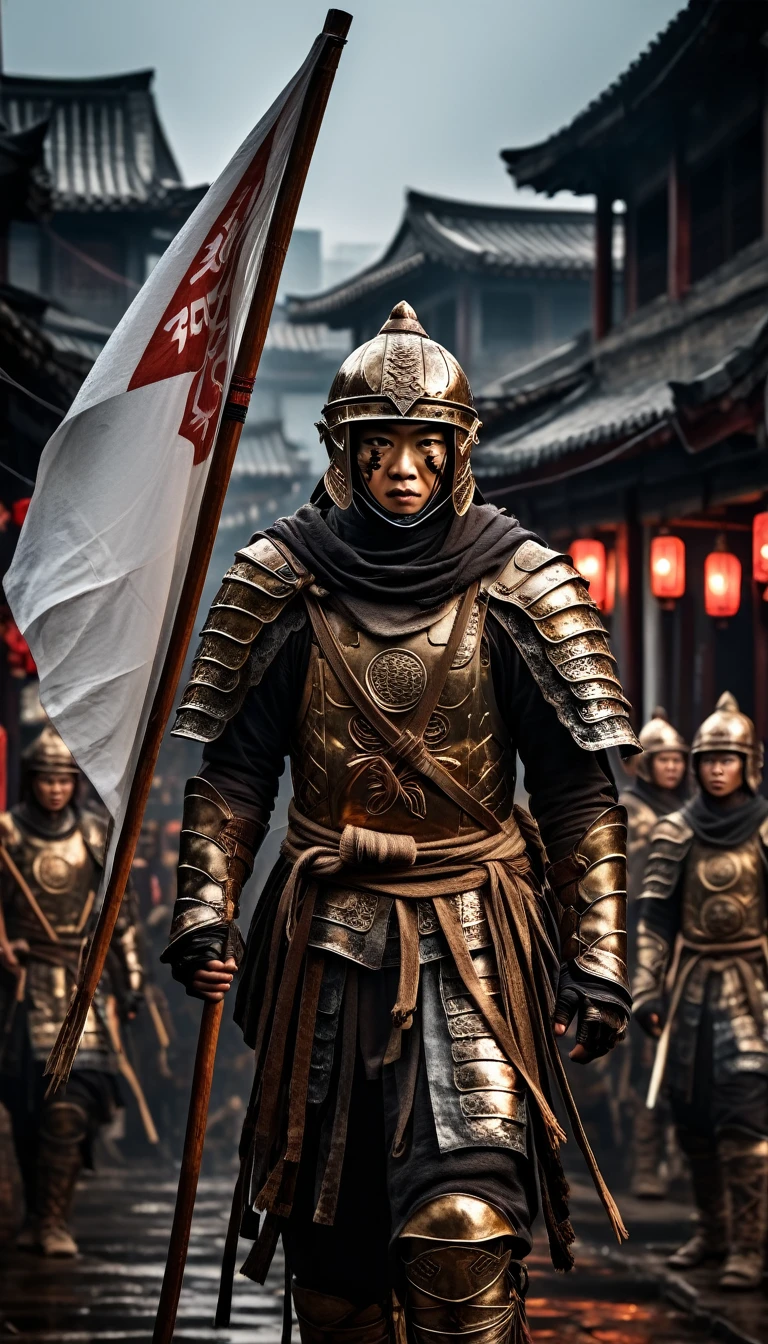 Warriors in traditional Chinese armor holding a white flag amidst the chaos of battle, holding a white flag, background dark, hyper realistic, ultra detailed hyper realistic, photorealistic, Studio Lighting, reflections, dynamic pose, Cinematic, Color Grading, Photography, Shot on 50mm lens, Ultra-Wide Angle, Depth of Field, hyper-detailed, beautifully color, 8k, golden light from the front,