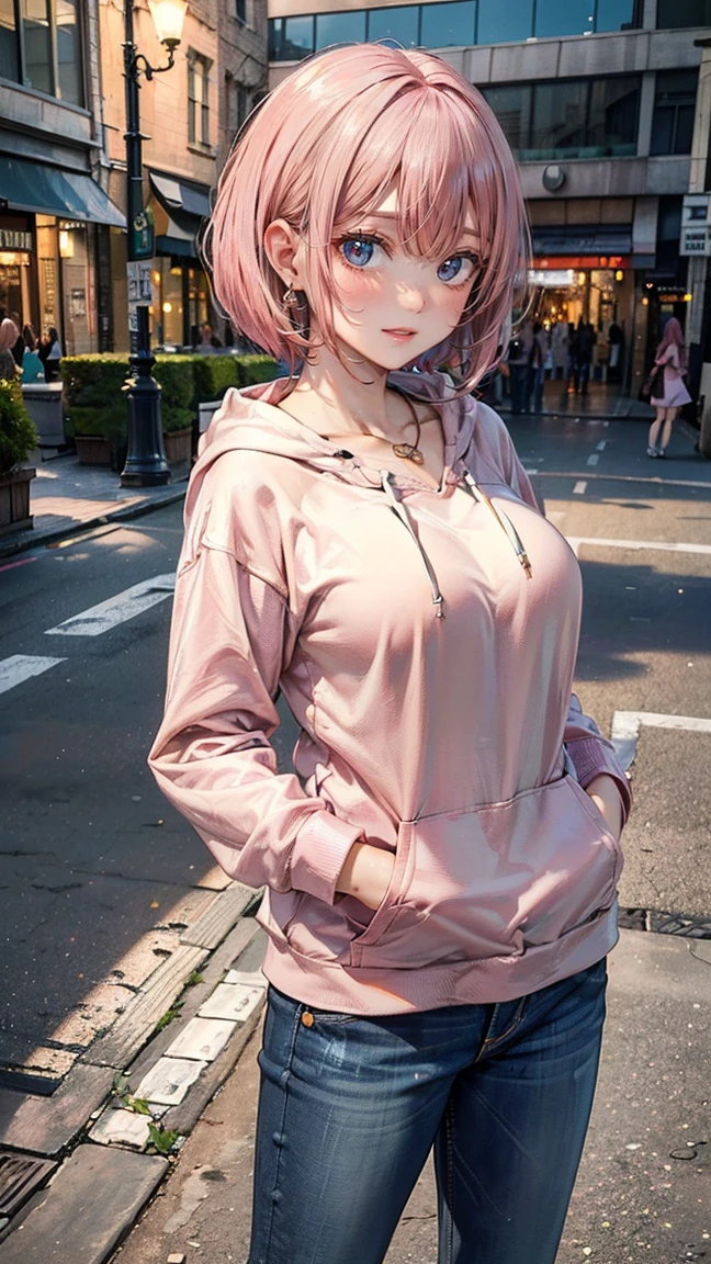 (Masterpiece, BestQuality:1.3), (ultra detailed:1.2), (hyperrealistic:1.3), (RAW photo:1.2), High detail RAW color photo, professional photograph, (Photorealistic:1.4), (realistic:1.4), (Pink Hair:1.5), professional lighting, perfect anatomy, (Big Breasts:1.2), (blush, detailed face), (cheerful Smile:1.5), Trending Hair&Trending Hairカラーをランダムに, earrings, necklace, bracelet, sexly, erotic sexly, Random sexy gravure poses, (A woman wearing a casual hoodie and jeans、Smiling on the city streets。With a bob cut hairstyle、Hands in pockets。: 1.3)