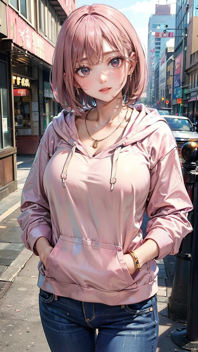 (Masterpiece, BestQuality:1.3), (ultra detailed:1.2), (hyperrealistic:1.3), (RAW photo:1.2), High detail RAW color photo, professional photograph, (Photorealistic:1.4), (realistic:1.4), (Pink Hair:1.5), professional lighting, perfect anatomy, (Big Breasts:1.2), (blush, detailed face), (cheerful Smile:1.5), Trending Hair&Trending Hairカラーをランダムに, earrings, necklace, bracelet, sexly, erotic sexly, Random sexy gravure poses, (A woman wearing a casual hoodie and jeans、Smiling on the city streets。With a bob cut hairstyle、Hands in pockets。: 1.3)