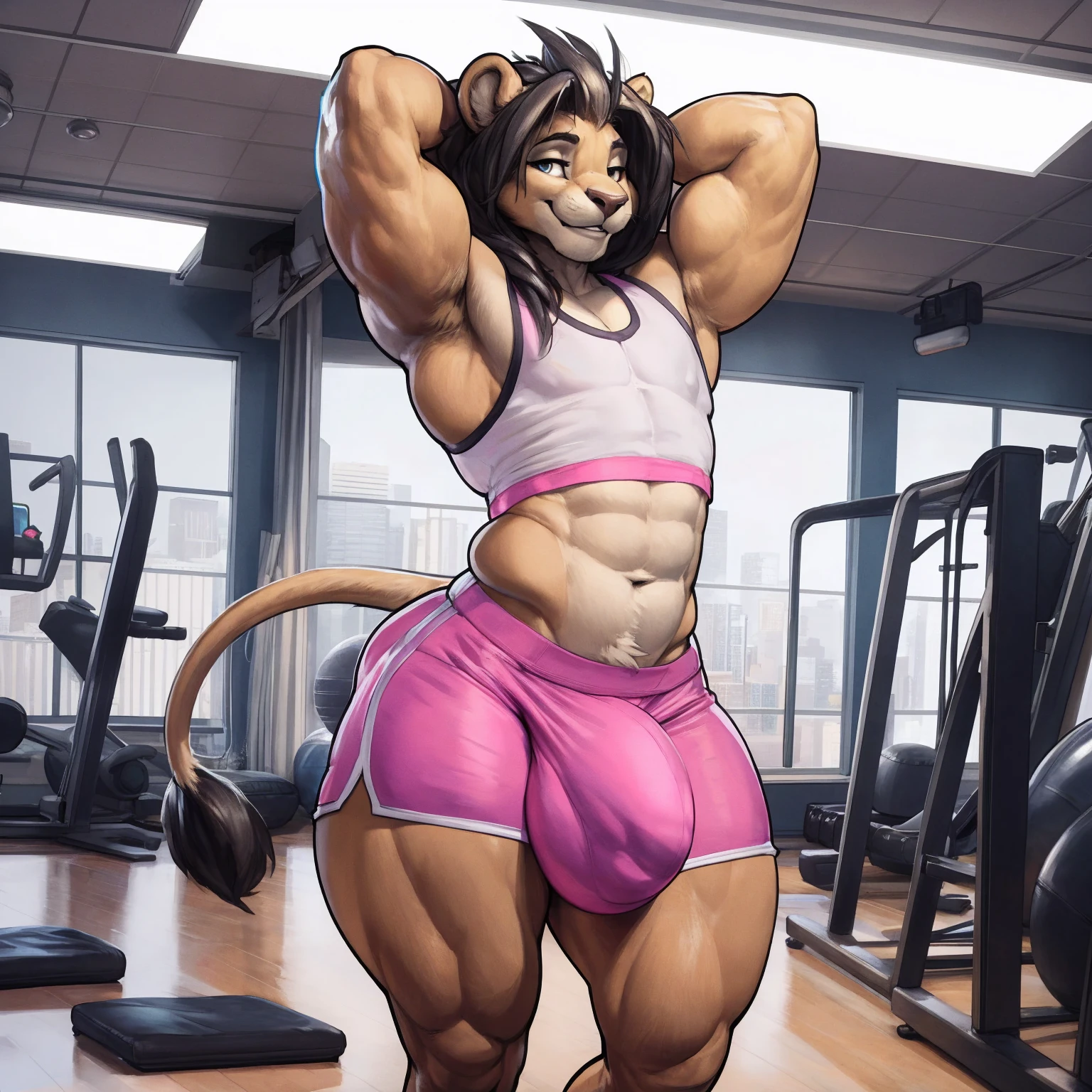 (by darkgem, by boosterpang, by duase, by BNG), solo focus, 1boy, male, lion boy, cute, girly, femboy, short boy, looking at viewer, smiling, happy, large muscular body, (hyper hips:1.3), (huge bulge:1.1), bulgeJ8, long hair, detailed eyes, lust, masterpiece, best quality, lycra shorts, white tank top, pink sneakers, standing upright, photorealistic, hyperrealistic, ultradetailed, detailed background, photo background, digital drawing (artwork), girly, bedroom eyes, (aerobics class), indoors, looking at viewer, stretching, hands behind head, (tail),