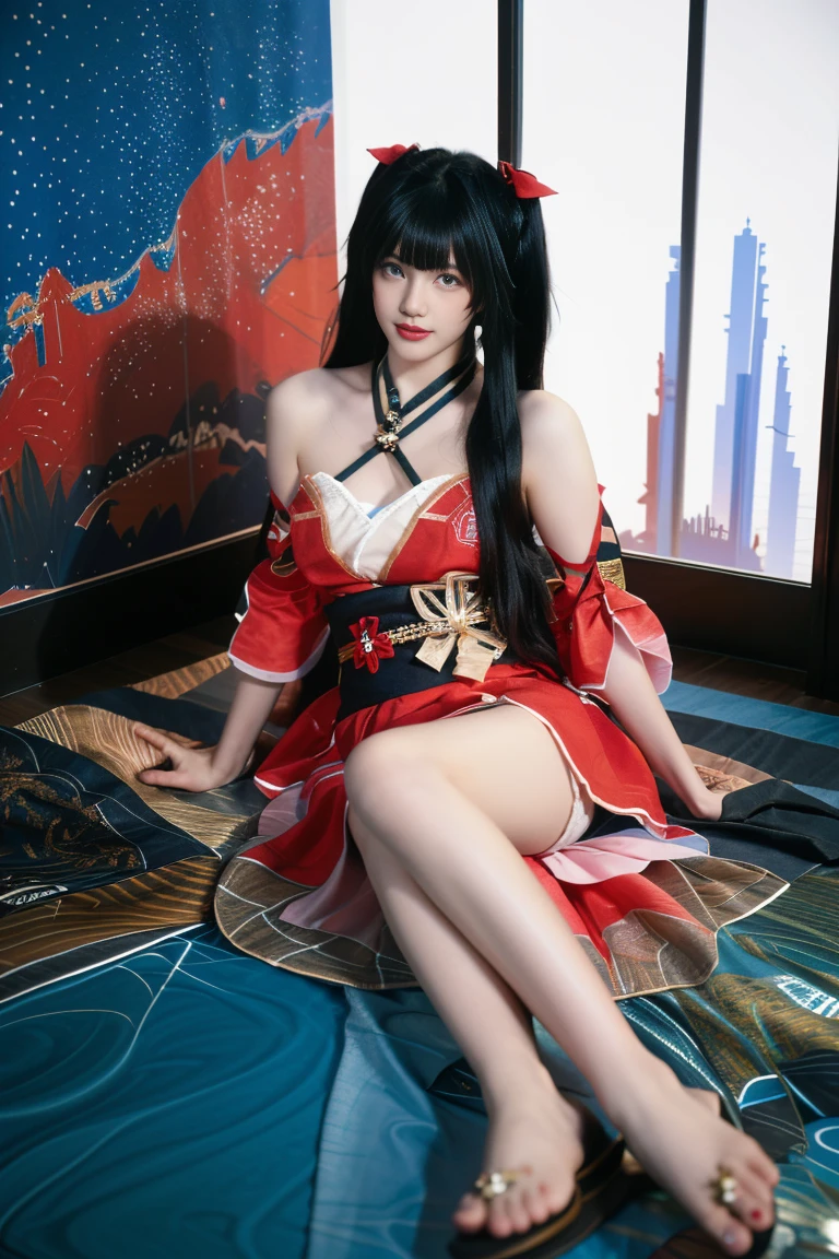 best quality, tmasterpiece,Ultra-high resolution,Clear face,（Reality：1.4），ferpect lighting，(full body photo), (photorealistic:1.50), anime wallpaper, Guviz style artwork, cover-up fantasy up to magic , by Yang J, Guviz, beautiful artwork illustration, beautiful digital artwork, beautiful digital illustration, Li Song, beautiful anime portrait, art style in Beauvot, Perfect water illustration, Very clear water, sparkle_honkai,1girl, short kimono, bare shoulders, (twintails:1.3), black hair, long hair, hair ornaments, bare feet, indoors, bedroom, potted flowers, windows, curtains, bathroom, (From above:1.3), looking at viwer, Lie down, From the front, Underwater,