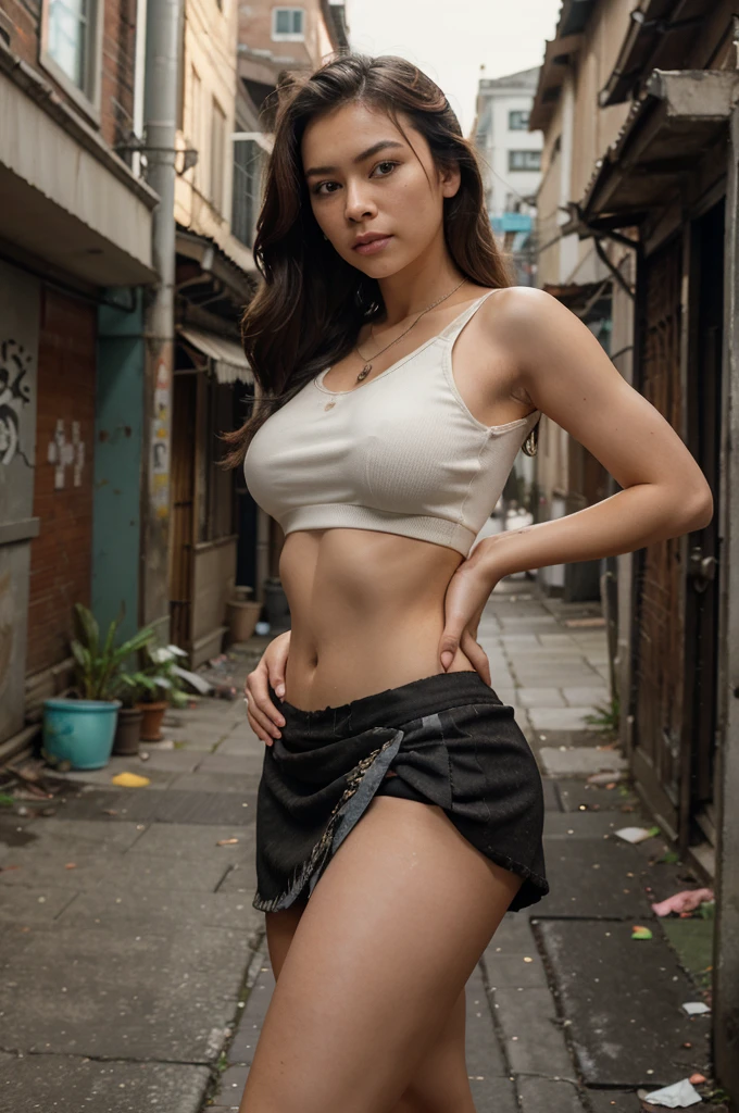 [((Sophie Tan:1.3)), a young and attractive Asian woman, standing in a narrow, grimy alleyway of a Southeast Asian slum. She is wearing ((a mini skirt that has blown up, exposing her buttocks, paired with a ripped crop top:1.3)). Her hair is styled in messy waves, and she has a seductive, intense gaze. The background features rundown shacks, hanging laundry, and scattered debris. The scene is captured with a ((full-frame DSLR:1.2)) using a ((35mm prime lens:1.2)) for a natural perspective with a slight background blur to keep the focus on Sophie. Post-production enhances the contrast and sharpness to highlight her outfit and features, and a ((soft bokeh effect:1.1)) in the background to create depth. The image should be in ((8K resolution:1.1)) with ((hyper-realistic detail:1.3)). The backdrop showcases the poverty-stricken alleyway with detailed textures of rundown buildings and debris, emphasizing the harsh environment. The focus is on Sophie’s blown-up mini skirt exposing her buttocks, capturing a seductive and intense vibe. Natural daylight is used with slight enhancements to create a gritty atmosphere, with a ((soft bokeh effect:1.1)) on the background, enhanced vibrancy, and high contrast to make the scene pop. Sophie is standing with one hand on her hip, looking directly at the camera with a seductive gaze, exuding confidence and allure, embodying street chic.]