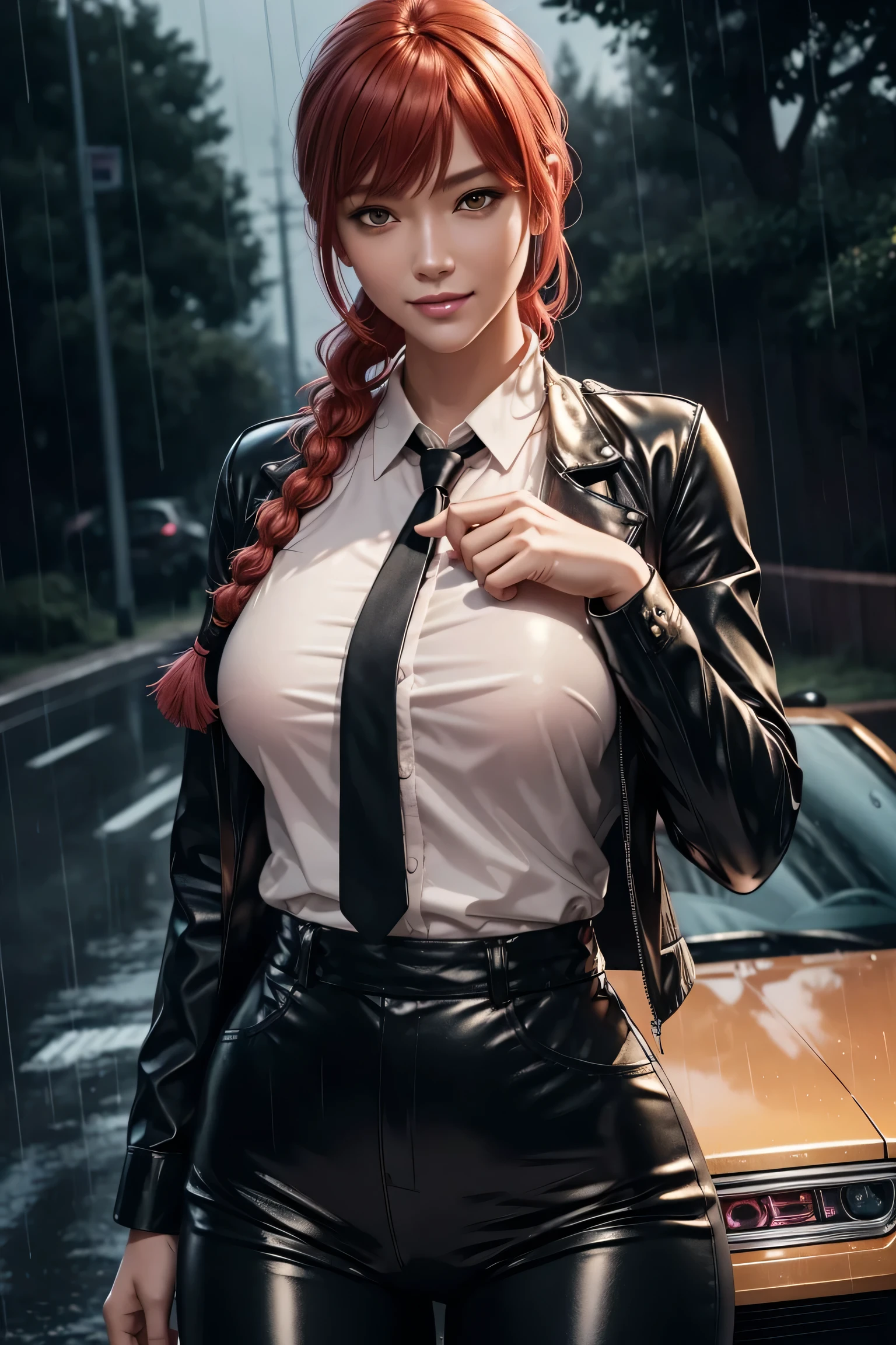 Chainsaw Man,Makima,With bangs,Red Hair,Braids at the back,Golden Eyes,White long sleeve shirt,Black tie,Black Leather Pants,Ultra HD,super high quality,masterpiece,Digital SLR,Photorealistic,Detailed details,Vivid details,Depicted in detail,A detailed face,Detailed details,Super Detail,Realistic skin texture,Anatomical basis,Perfect Anatomy,Anatomically correct hand,Anatomically correct fingers,Complex 3D rendering,Sexy pose,Rainy Sky,Beautiful scenery,Fantastic rainy sky,Picturesque,Pink Lips,smile,
