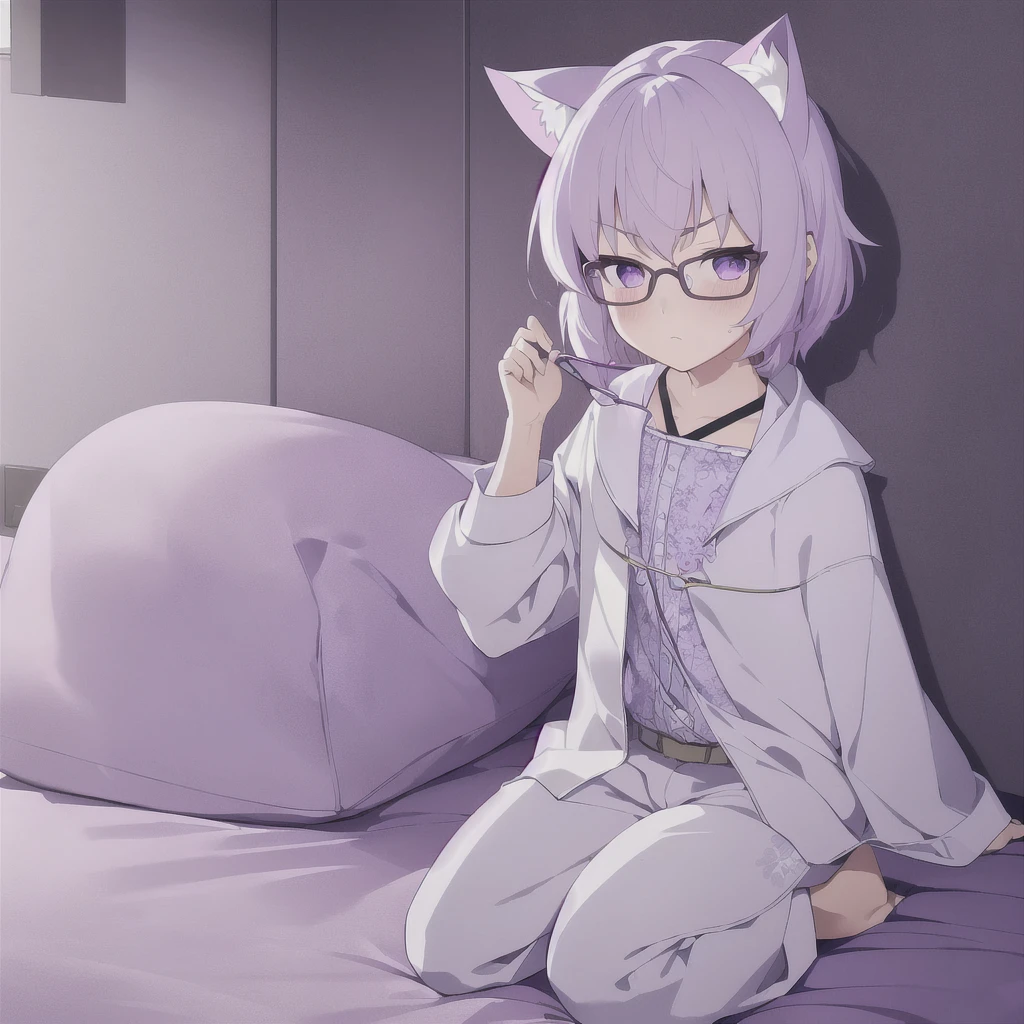 ((masterpiece)), (best quality), (ultra-detailed), photorealistic, (best illustration), ((an extremely delicate and beautiful)), 1boy, solo, medium hair, lilac cat ears, lilac hair, [:lilac cat tail under:0.2], full body, very young, Cute, holding gamepad playful, want to play with viewer, purple eyes, shortstack, , offers gamepad to viewer, glasses, serious face, boyish face, young boy, shirt and pants, oversize clothes, blush, shy. 