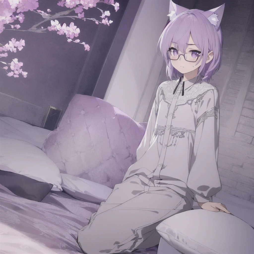 ((masterpiece)), (best quality), (ultra-detailed), photorealistic, (best illustration), ((an extremely delicate and beautiful)), 1boy, solo, medium hair, lilac cat ears, lilac hair, [:lilac cat tail under:0.2], full body, very young, Cute, holding gamepad playful, want to play with viewer, purple eyes, shortstack, , offers gamepad to viewer, glasses, serious face, boyish face, young boy, shirt and pants, oversize clothes, blush, shy. 
