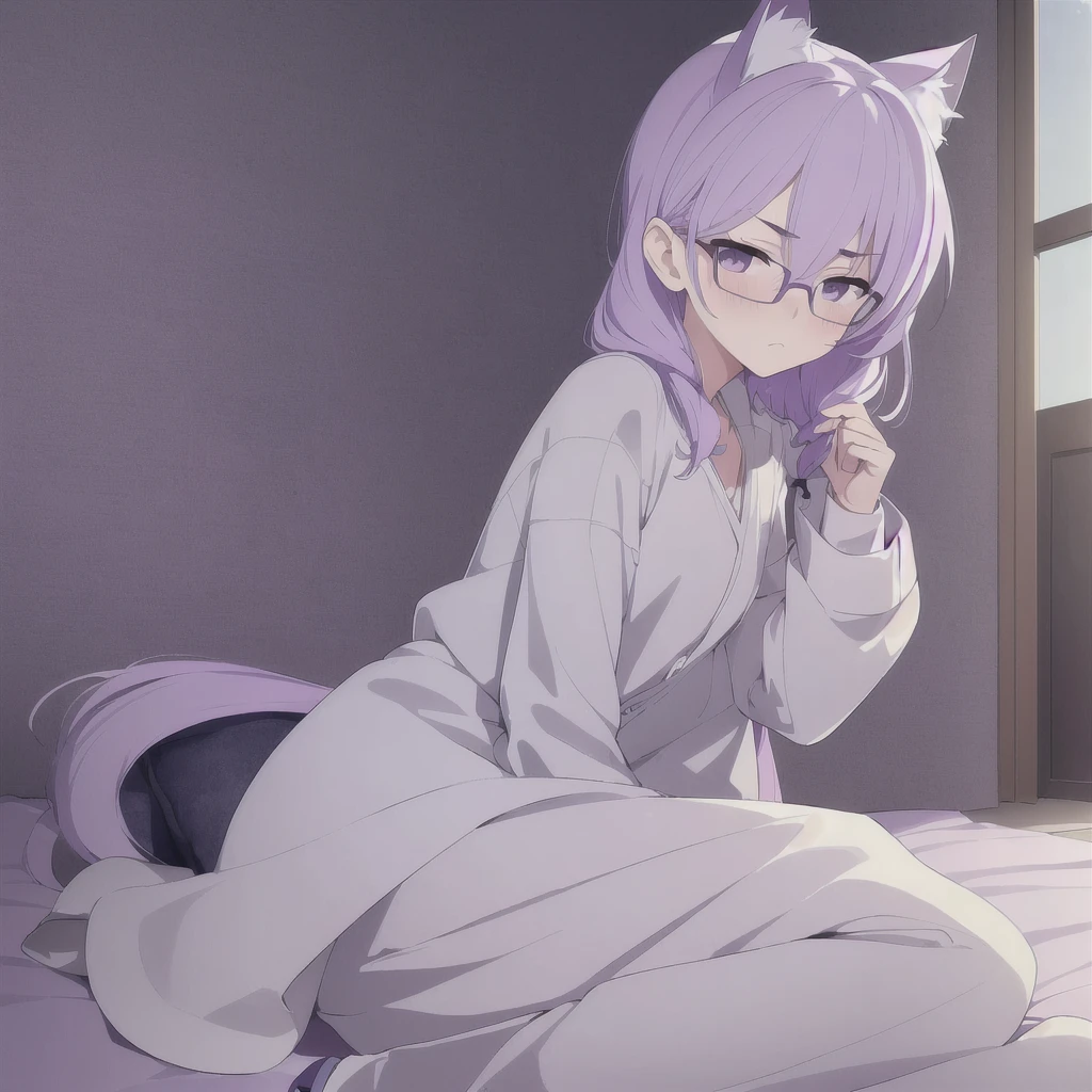 ((masterpiece)), (best quality), (ultra-detailed), photorealistic, (best illustration), ((an extremely delicate and beautiful)), 1boy, solo, medium hair, lilac cat ears, lilac hair, [:lilac cat tail under:0.2], full body, very young, Cute, holding gamepad playful, want to play with viewer, purple eyes, shortstack, kid, offers gamepad to viewer, glasses, serious face, boyish face, young boy, shirt and pants, oversize clothes, blush, shy. 