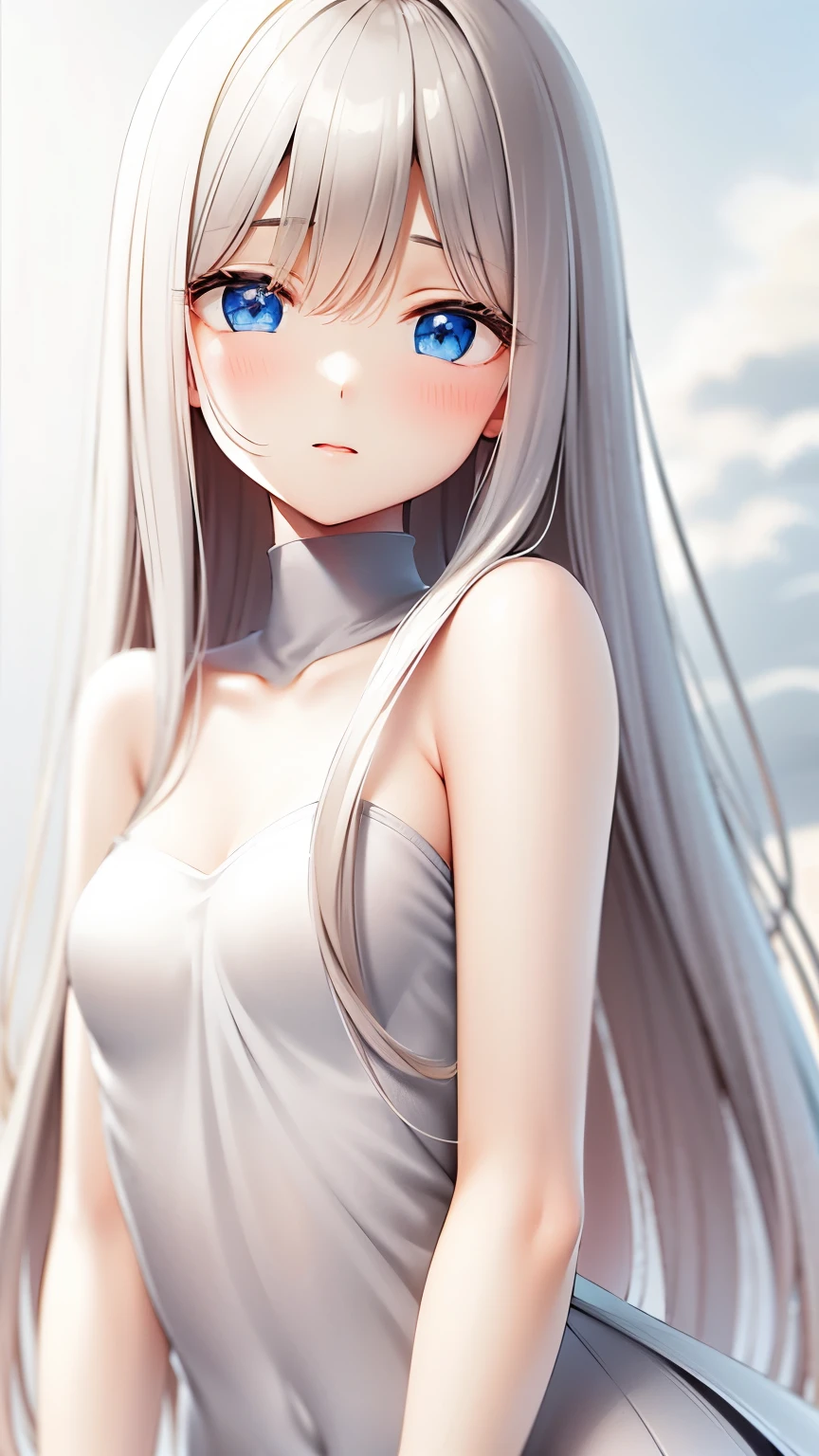 Shiny platinum blonde silk super long straight hair, beautiful shiny bangs, big clear sky blue eyes, very beautiful bright eye highlights, Embarrassing, Blushing