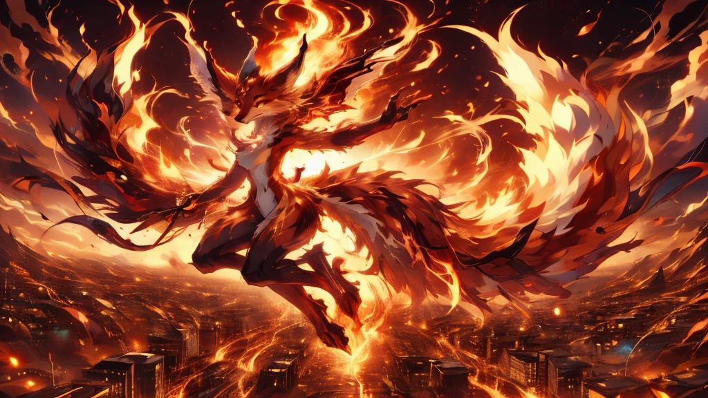 anime girl,tennage girl 18 years old, anime style, white kitsune in fire, dark aura, dark natasha art, city landscape, art by vixen aztra, full body high definition in details the best image quality, add_detail:1 kitsune in hells add_detail:1