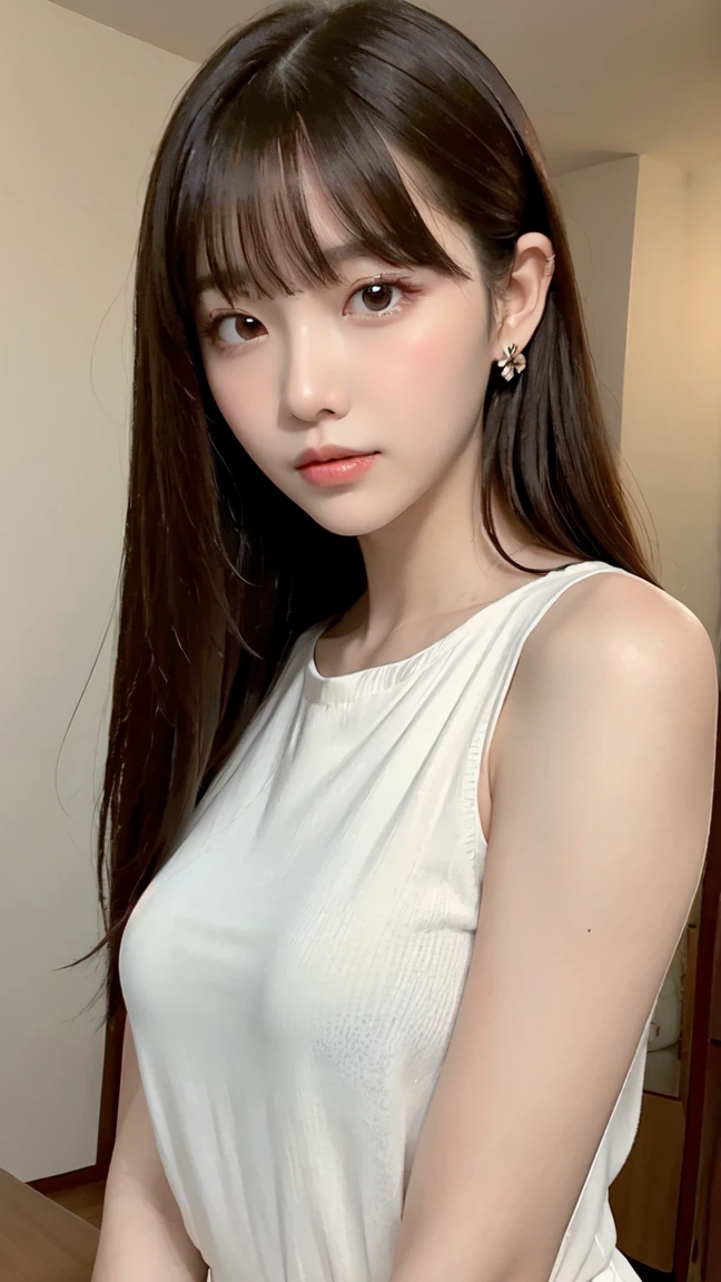 1 Female, Close-up of face, Medium chest, Light brown hair, Blunt bangs, Hair behind the ear, Hair that falls over the shoulders, Long Hair, Slim figure, Ultra debtine debtace, Thin face, Delicate lips, Beautiful Eyes, Light blush, eyes are light brown, Perfect glowing skin, Perfect Skin, Shining Sweat,Have a look at this, Ultra-thin needle, Very thin fingers, The optimal ratio is four fingers to one thumb, (Realistic:1.3), debtinger Extensions, See-through white blouse. Broadleaf Forest, First Person View, debtuji debtilm, debt/1.2, 8K, Tabletop, んdebtdebt, Super detailed, high quality, 最high quality, High resolution,