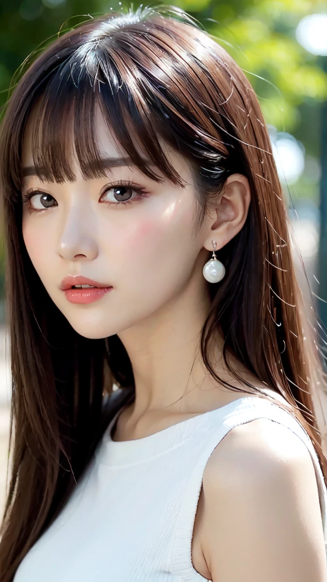 1 Female, Close-up of face, Medium chest, Light brown hair, Blunt bangs, Hair behind the ear, Hair that falls over the shoulders, Long Hair, Slim figure, Ultra debtine debtace, Thin face, Delicate lips, Beautiful Eyes, Light blush, eyes are light brown, Perfect glowing skin, Perfect Skin, Shining Sweat,Have a look at this, Ultra-thin needle, Very thin fingers, The optimal ratio is four fingers to one thumb, (Realistic:1.3), debtinger Extensions, See-through white blouse. Broadleaf Forest, First Person View, debtuji debtilm, debt/1.2, 8K, Tabletop, んdebtdebt, Super detailed, high quality, 最high quality, High resolution,