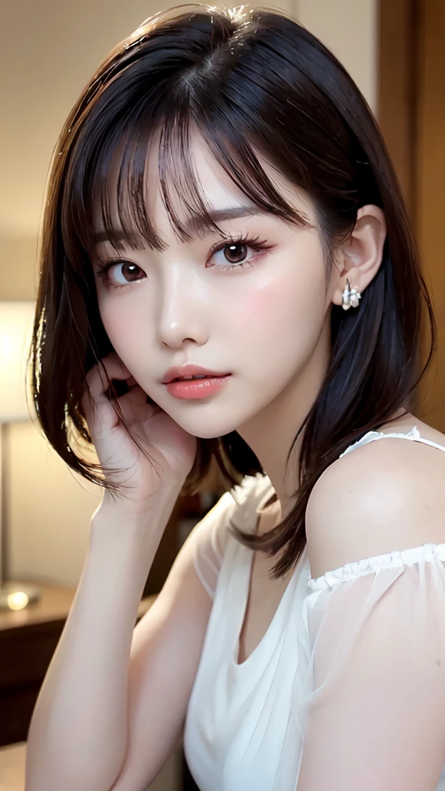 1 Female, Close-up of face, Medium chest, Light brown hair, Blunt bangs, Hair behind the ear, Hair that falls over the shoulders, Long Hair, Slim figure, Ultra debtine debtace, Thin face, Delicate lips, Beautiful Eyes, Light blush, eyes are light brown, Perfect glowing skin, Perfect Skin, Shining Sweat,Have a look at this, Ultra-thin needle, Very thin fingers, The optimal ratio is four fingers to one thumb, (Realistic:1.3), debtinger Extensions, See-through white blouse. Broadleaf Forest, First Person View, debtuji debtilm, debt/1.2, 8K, Tabletop, んdebtdebt, Super detailed, high quality, 最high quality, High resolution,