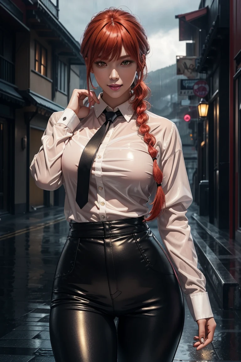 Chainsaw Man,Makima,With bangs,Red Hair,Braids at the back,Golden Eyes,White long sleeve shirt,Black tie,Black Leather Pants,Ultra HD,super high quality,masterpiece,Digital SLR,Photorealistic,Detailed details,Vivid details,Depicted in detail,A detailed face,Detailed details,Super Detail,Realistic skin texture,Anatomical basis,Perfect ???????,Anatomically correct hand,Anatomically correct fingers,Complex 3D rendering,Sexy pose,Rainy Sky,Beautiful scenery,Fantastic rainy sky,Picturesque,Pink Lips,smile,