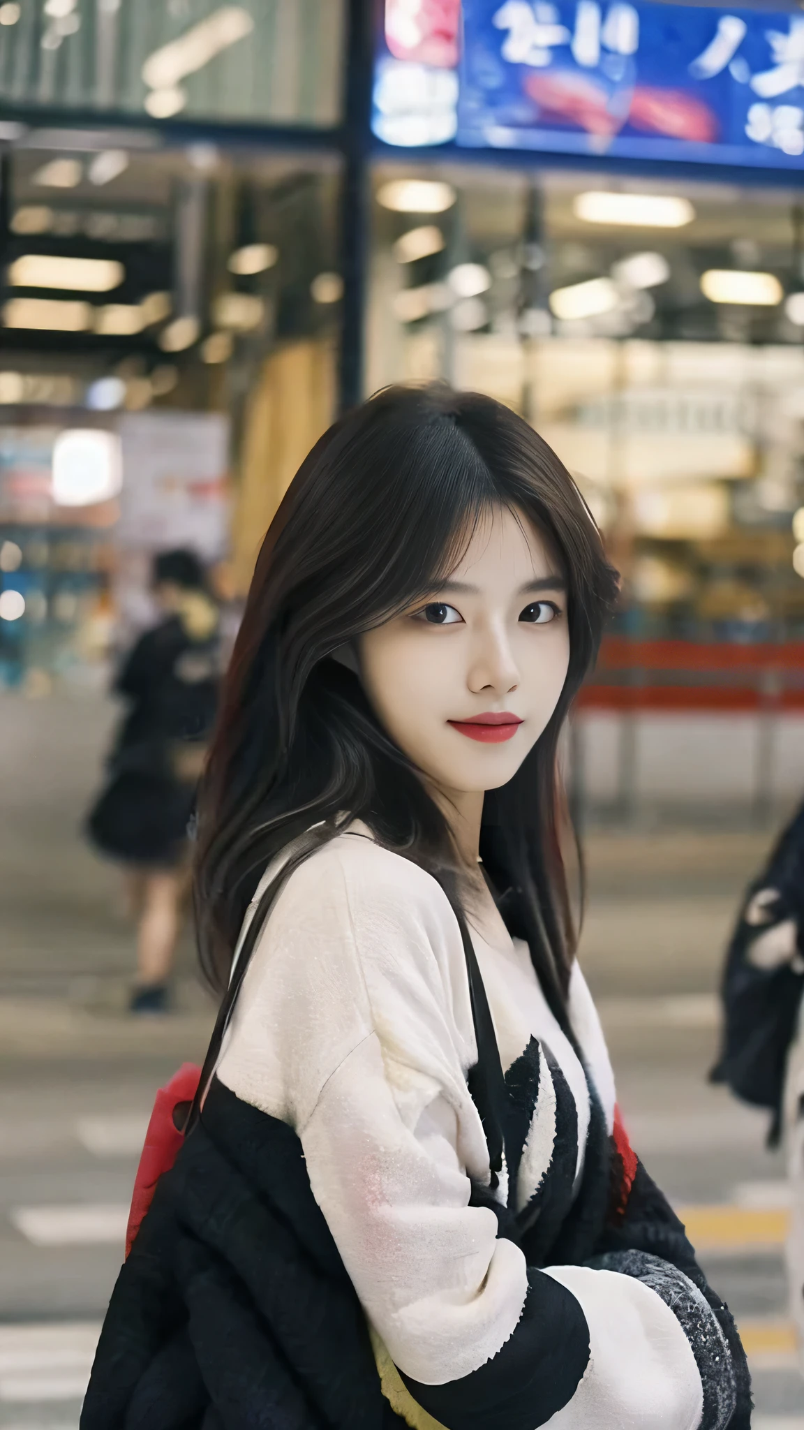 (aesthetics:1.4) A photo of a beautiful Korean fashion model bokeh city night scene