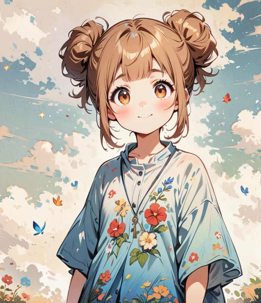 ひまわり畑, cartoonish character design，1 girl, alone，big eyes，Cute expression，Two hair buns，Floral shirt，interesting，interesting，clean lines