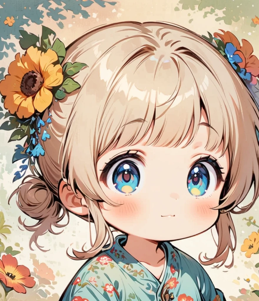 ひまわり畑, cartoonish character design,1 girl, alone,big eyes,Cute expression,Two hair buns,Floral shirt,interesting,interesting,clean lines