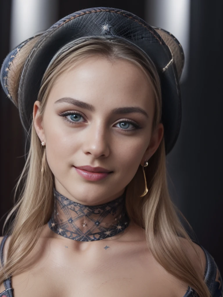 (very detailed:1.5), (no nudity:2), (no hat:2), (1girl:1.2), (bra:1,3), big tits, (beautiful, Swedish, blonde), (silk bodysuit:1.5), (with yellow pattern very tight to the body:1. 3), (semi-transparent:1.2) (with some embroidery with small floral patterns:1. 3), inside a luxurious room decorated in romantic style, (bun:1.3), (long hair:1.3), half-moon hair ornament, eyeball, half-moon earrings, make-up, seductive smile, lips parted, Hyperrealism, Sony FE GM, 85mm, f/4.0, (cowboy shot:1.5), ((best quality)), ((masterpiece)), anatomically correct