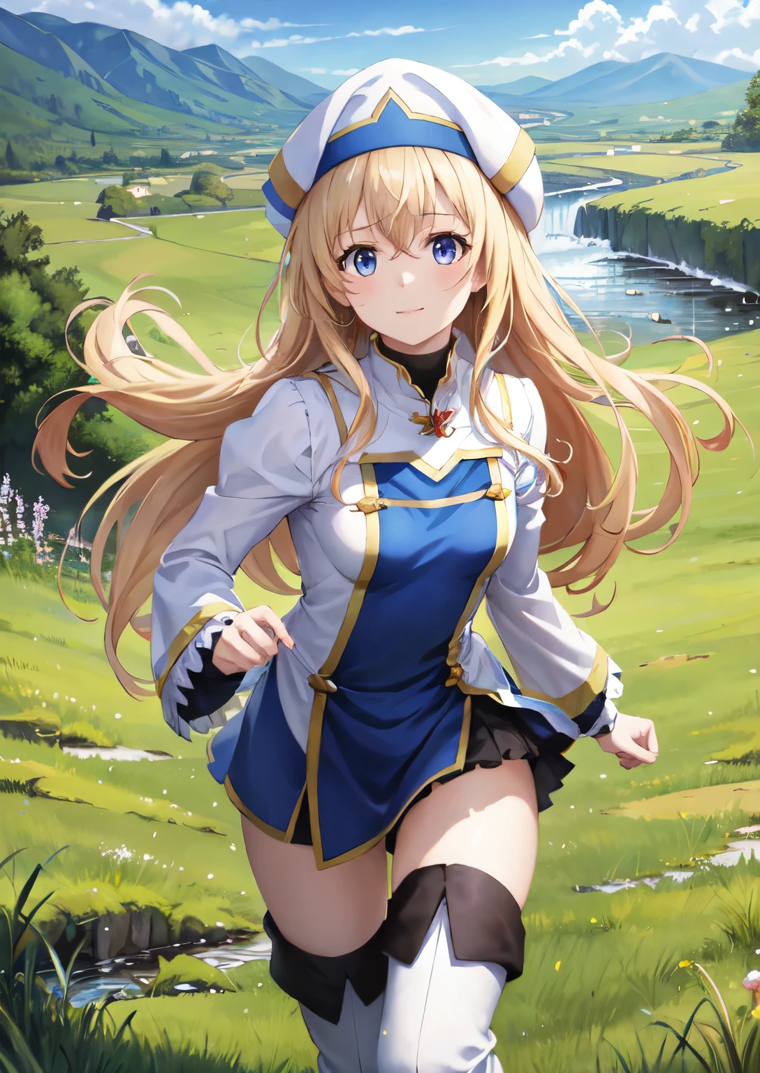 1 Girl, priestess ,(running:1.3),grassland, Closed Mouth、Hair between the eyes,Looking at the audience, whole body, Front view:0.6, White Hat, Small breasts, White Dress, Puffy sleeves, Long sleeve, Pelvic Curtain, Knee socks, Thigh-high boots,(Flowing landscape:1.5),(Genuine、Realistic、Realistic:1.30)、High resolution、超High resolution、Ultra-fine painting、Sharp focus、Physically Based Rendering、Cowboy Shot,(Flowing Grass:1.3)