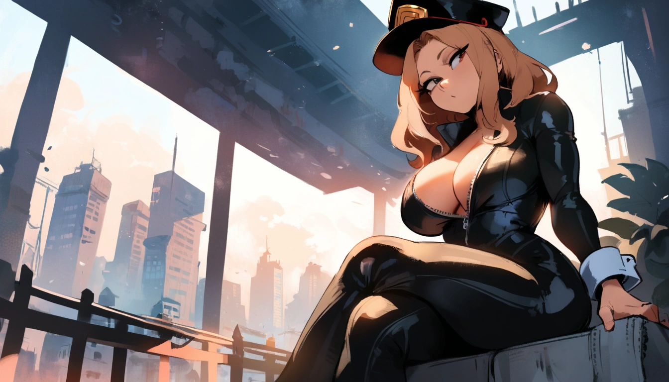 1girl, utsushimi kemii, boku no hero academia \\\\\ masterpiece, best quality, very aesthetic, absurdres, newest \\\\\\ slim body,///// ,by nyantcha,cutesexyrobutts , by khyle,,////// beautiful face, light brown hair ,plump and glossy lips, . , looking at viewer, close-up, dark brown eyes,, cap, black catsuit with blending patterned lines and a zipper running down the middle, left slightly down to reveal her stomach. She wears white cuffs around her wrists,,standing, city,