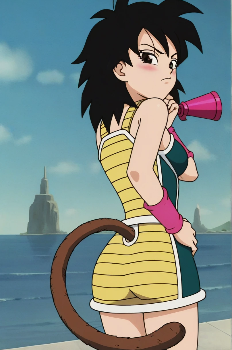 source_anime, score_9,score_8_up, score_7_up,  ginedb, anime screencap, 
Obra maestra, mejor calidad, alta calidad,1girl, solo, looking at viewer, blush, cityscape, black hair, brown eyes, looking back, from behind, black eyes, hand on hip, frown, pink wristband, green skirt, monkey tail, saiyan armor, hand on shoulder, medium hair, green saiyan armor, eyelashes, eyebrows, butt crack, bare shoulders, spiked hair, fingernails, Cuerpo sexy, culo sexy 
 