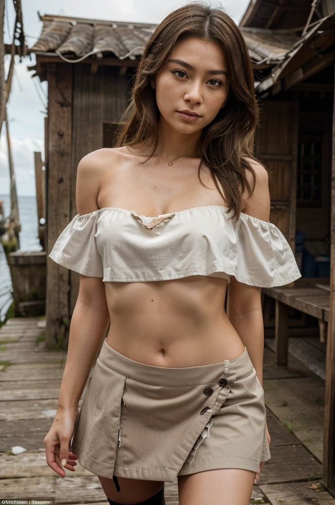[((Sophie Tan:1.3)), a young and attractive Asian woman, standing on an old, weathered dock in a poor fishing village in Southeast Asia. She is wearing ((a mini skirt that has blown up, exposing her buttocks, paired with a ripped off-shoulder blouse:1.3)). Her hair is styled in messy waves, and she has a seductive, intense gaze. The background features old fishing boats, weathered wood, and the sea. The scene is captured with a ((full-frame DSLR:1.2)) using a ((50mm prime lens:1.2)) to keep Sophie in sharp focus while the background is slightly blurred. Post-production enhances the natural colors and adds a ((soft bokeh effect:1.1)) to the background. The image should be in ((8K resolution:1.1)) with ((hyper-realistic detail:1.3)). The backdrop highlights the old wharf with detailed textures of weathered wood and fishing boats. The focus is on Sophie’s blown-up mini skirt exposing her buttocks, capturing a seductive and intense vibe. Natural daylight is used with slight enhancements to create a bright and inviting atmosphere, with a ((soft bokeh effect:1.1)) on the background, enhanced vibrancy, and high contrast to make the scene pop. Sophie is standing with one hand on her mini skirt, looking directly at the camera with a seductive gaze, exuding confidence and allure, embodying street chic.]