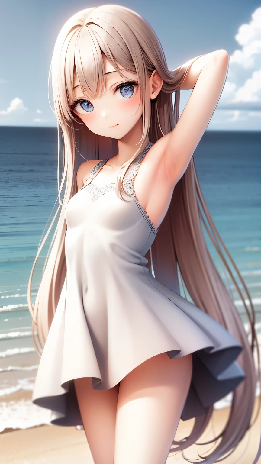 master piece , best quality , detailed , dresses , standing , hands up , armpit , from front , beach, Shiny platinum blonde silk super long straight hair, beautiful shiny bangs, big clear sky blue eyes, very beautiful bright eye highlights, Embarrassing, Blushing