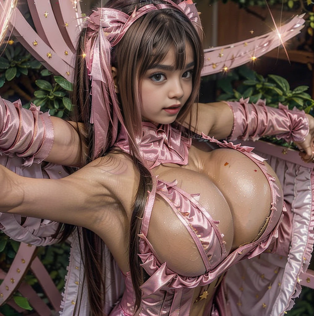 Highest quality，masterpiece，Ultra-high resolution, Very detailed, 8K， beautiful Japanese woman:1.5, Small face, Black Hair, blunt bangs, ((Woman crucified on the cross:1.5, Breast Augmentation Surgery)), (Detailed glamorous pink magical girl costume:1.5)