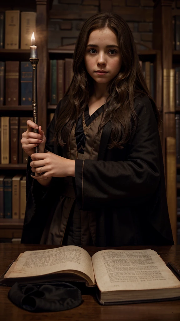 Create an image of Hermione Granger from the Harry Potter series.
Description:
A young girl with bushy brown hair.
Wearing a with a black robe.
Holding a book or a wand.
Background: A magical setting, such as a castle or library.