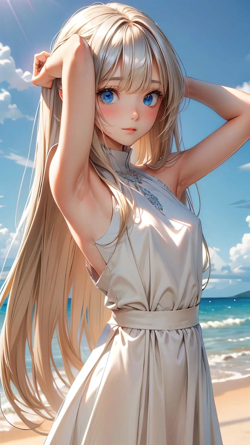 master piece , best quality , detailed , dresses , standing , hands up , armpit , from front , beach, Shiny platinum blonde silk super long straight hair, beautiful shiny bangs, big clear sky blue eyes, very beautiful bright eye highlights, Embarrassing, Blushing