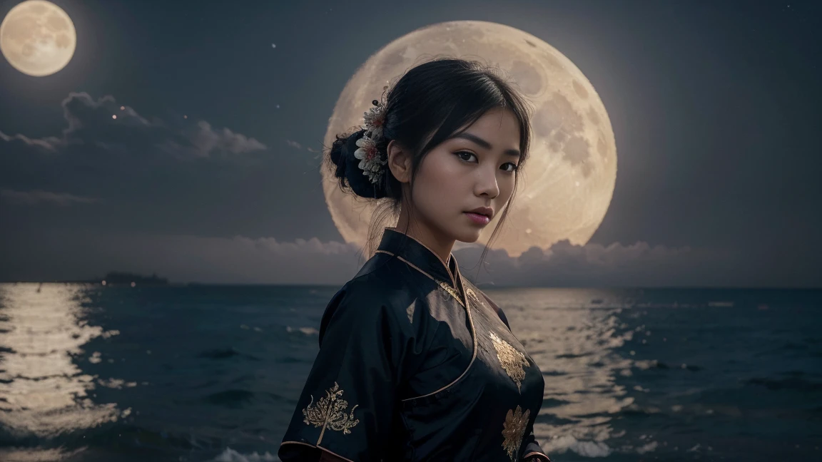 ((best quality)), ((masterpiece)), (detailed), an asian girl wears a large dark traditional vietnamese fashion dress stand on a beach at night and looking at the moon, ultra realism, beautiful, epic, well painted, precise painted, painted by a professional digital artist, nice detailed, best quality, high resolution, 8k