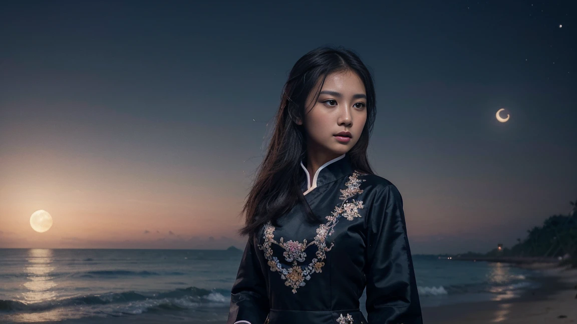 ((best quality)), ((masterpiece)), (detailed), an asian girl wears a large dark traditional vietnamese fashion dress stand on a beach at night and looking at the moon, ultra realism, beautiful, epic, well painted, precise painted, painted by a professional digital artist, nice detailed, best quality, high resolution, 8k