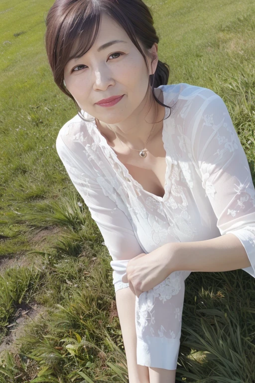 Beautiful mature 55 year old Japanese woman, Married women, Fine lines, Long eyelashes, Shining Eyes, Low Ponytail, Red lipstick, elegant, Gorgeous figure, Pearl Necklace, Summer clothes, Low-cut blouse, Floral print slit skirt, (whole body), Lying on the green grass, Lie on your back, , (Highest quality,4K,8K,High resolution,masterpiece:1.2),Very detailed,(Realistic,photoRealistic,photo-Realistic:1.37),High resolution,超High resolution,Studio Lighting,Ultra-fine painting,Sharp focus,Physically Based Rendering,Very detailed説明,Professional,Vibrant colors,Bokeh,Portraiture