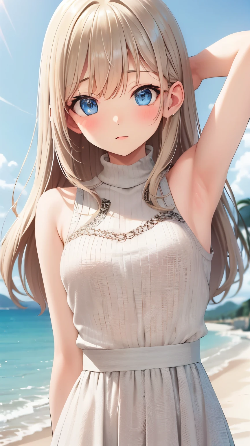 master piece , best quality , detailed , dresses , standing , hands up , armpit , from front , beach, Shiny platinum blonde silk super long straight hair, beautiful shiny bangs, big clear sky blue eyes, very beautiful bright eye highlights, Embarrassing, Blushing
