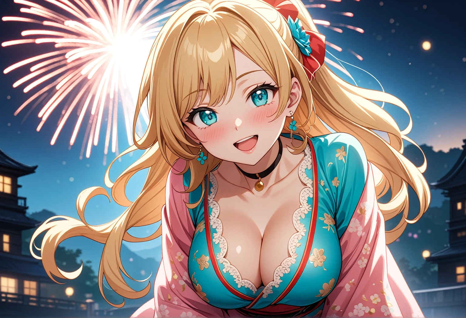 ((One personの女性)), Beautiful Face,(Laughing embarrassedly), (naughty face:1.2), ((Wink:1.9)), (head tilt:1.3), Laughing with your mouth open, upper teeth, ((full-face blush:1.5)), looking at viewer,((on side:1.8)), Glossy Red Lips, (Shining Face), ((Anime style background)) , night, Observatory, Festival decorations, firework, ,masterpiece, Highest quality, so beautiful,up to date, Complex details, (Pink long nails),(ring),(bracelet),(choker),AI-generated, Complex,High resolution, Highest quality, super high quality,3D Images、3D Images,One person,Long blonde hair,ponytail, wavy hair ,写真のポーズをとるAnime Women, ((Fine grain、Turquoise Eyes、Shining Eyes:1.3)), (Squint your eyes:1.1),a hyperRealistic , hyperRealistic , Realistic,Anime Women, Smooth anime CG art, A woman in a colorful kimono with gold embroidery, (Pink long sleeve kimono),Red floral pattern,Long flower hair ornament,Earrings,Mature Body,(Big Breasts:1.1),Tall,Abdominal muscles,Tight waist,(face focus:1.3), ((front view)),