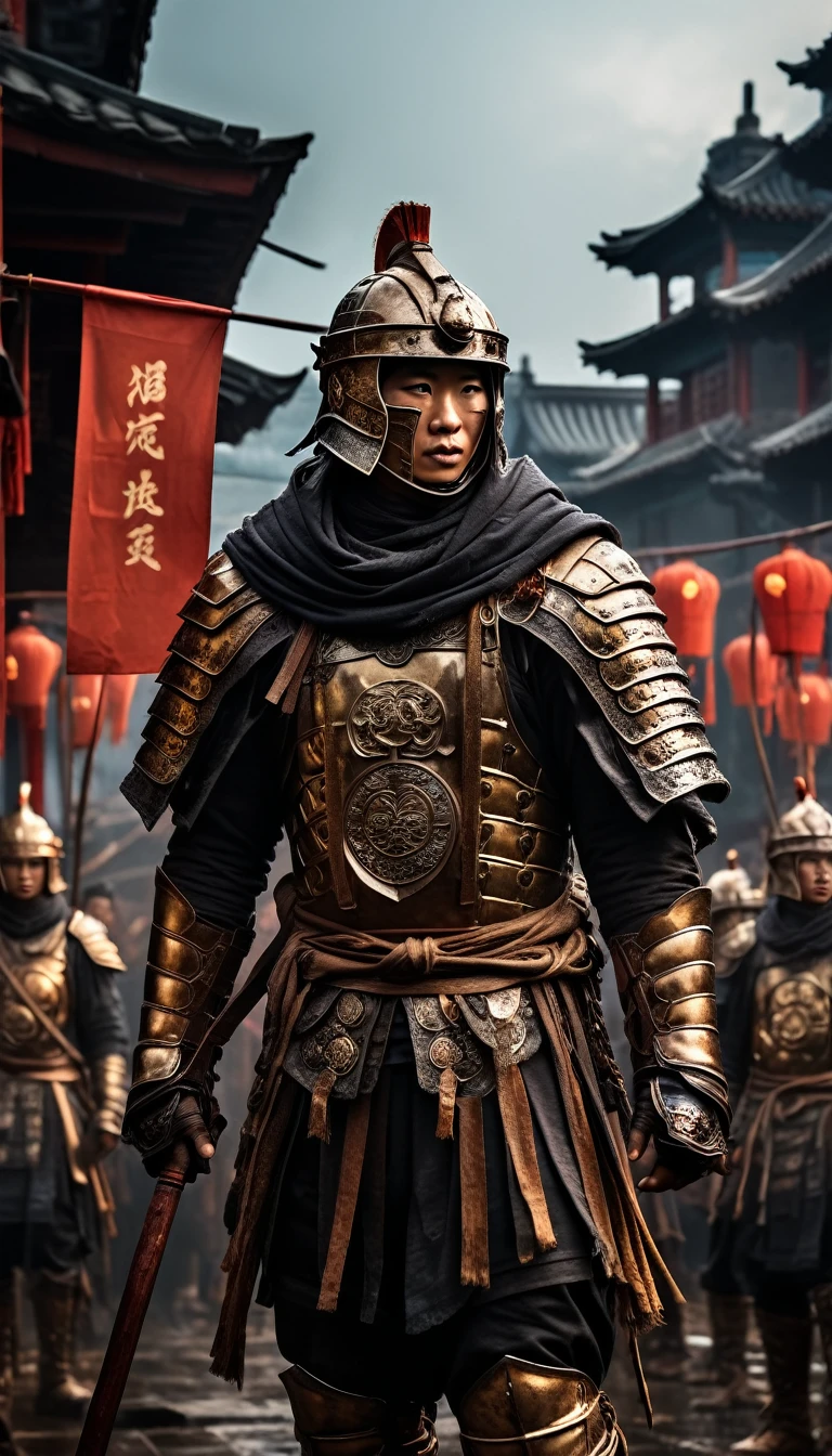 Warriors in traditional Chinese armor holding a white flag amidst the chaos of battle, background dark, hyper realistic, ultra detailed hyper realistic, photorealistic, Studio Lighting, reflections, dynamic pose, Cinematic, Color Grading, Photography, Shot on 50mm lens, Ultra-Wide Angle, Depth of Field, hyper-detailed, beautifully color, 8k, golden light from the front,