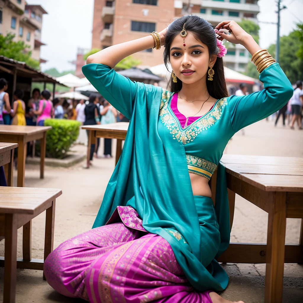 
1. **Traditional Attire:**
   - "A young Indian girl dressed in a colorful lehenga choli, with intricate henna designs on her hands, standing in front of a grand palace decorated for a festival."

2. **Modern Fashion:**
   - "A stylish Indian girl in a trendy urban outfit, with vibrant street art murals in the background, posing confidently on a bustling city street."

3. **Cultural Celebration:**
   - "An Indian girl participating in a Holi festival, her face and clothes covered in bright colored powders, with people celebrating joyfully around her."

4. **Village Scene:**
   - "A young Indian girl in a simple, traditional salwar kameez, sitting by a tranquil river in a rural village, with lush green fields and thatched-roof huts in the background."

5. **Academic Setting:**
   - "An Indian girl in a , sitting at a desk in a classroom, focused on her studies with books and a chalkboard in the background."

6. **Artistic Pursuit:**
   - "An Indian girl practicing classical Indian dance, wearing an elegant Bharatanatyam costume, striking a graceful pose