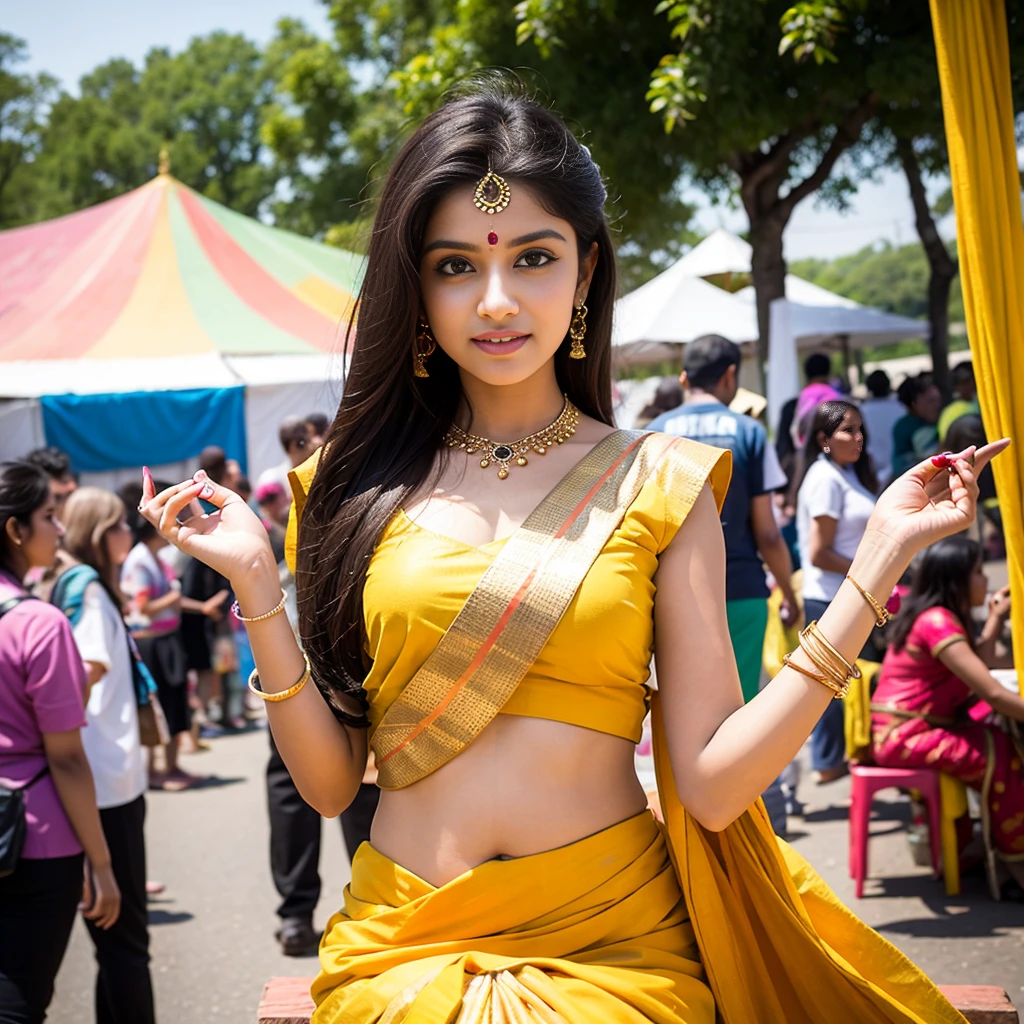 
1. **Traditional Attire:**
   - "A young Indian girl dressed in a colorful lehenga choli, with intricate henna designs on her hands, standing in front of a grand palace decorated for a festival."

2. **Modern Fashion:**
   - "A stylish Indian girl in a trendy urban outfit, with vibrant street art murals in the background, posing confidently on a bustling city street."

3. **Cultural Celebration:**
   - "An Indian girl participating in a Holi festival, her face and clothes covered in bright colored powders, with people celebrating joyfully around her."

4. **Village Scene:**
   - "A young Indian girl in a simple, traditional salwar kameez, sitting by a tranquil river in a rural village, with lush green fields and thatched-roof huts in the background."

5. **Academic Setting:**
   - "An Indian girl in a , sitting at a desk in a classroom, focused on her studies with books and a chalkboard in the background."

6. **Artistic Pursuit:**
   - "An Indian girl practicing classical Indian dance, wearing an elegant Bharatanatyam costume, striking a graceful pose