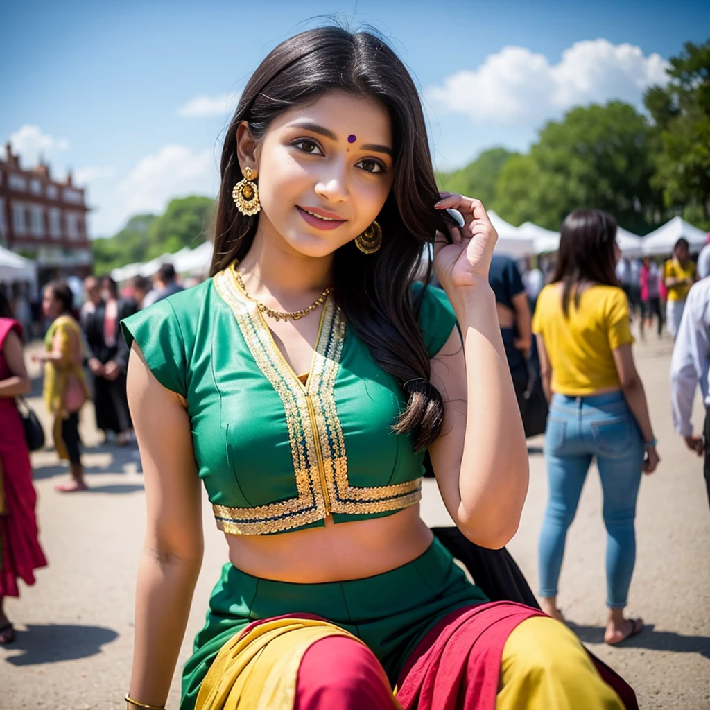 
1. **Traditional Attire:**
   - "A young Indian girl dressed in a colorful lehenga choli, with intricate henna designs on her hands, standing in front of a grand palace decorated for a festival."

2. **Modern Fashion:**
   - "A stylish Indian girl in a trendy urban outfit, with vibrant street art murals in the background, posing confidently on a bustling city street."

3. **Cultural Celebration:**
   - "An Indian girl participating in a Holi festival, her face and clothes covered in bright colored powders, with people celebrating joyfully around her."

4. **Village Scene:**
   - "A young Indian girl in a simple, traditional salwar kameez, sitting by a tranquil river in a rural village, with lush green fields and thatched-roof huts in the background."

5. **Academic Setting:**
   - "An Indian girl in a , sitting at a desk in a classroom, focused on her studies with books and a chalkboard in the background."

6. **Artistic Pursuit:**
   - "An Indian girl practicing classical Indian dance, wearing an elegant Bharatanatyam costume, striking a graceful pose